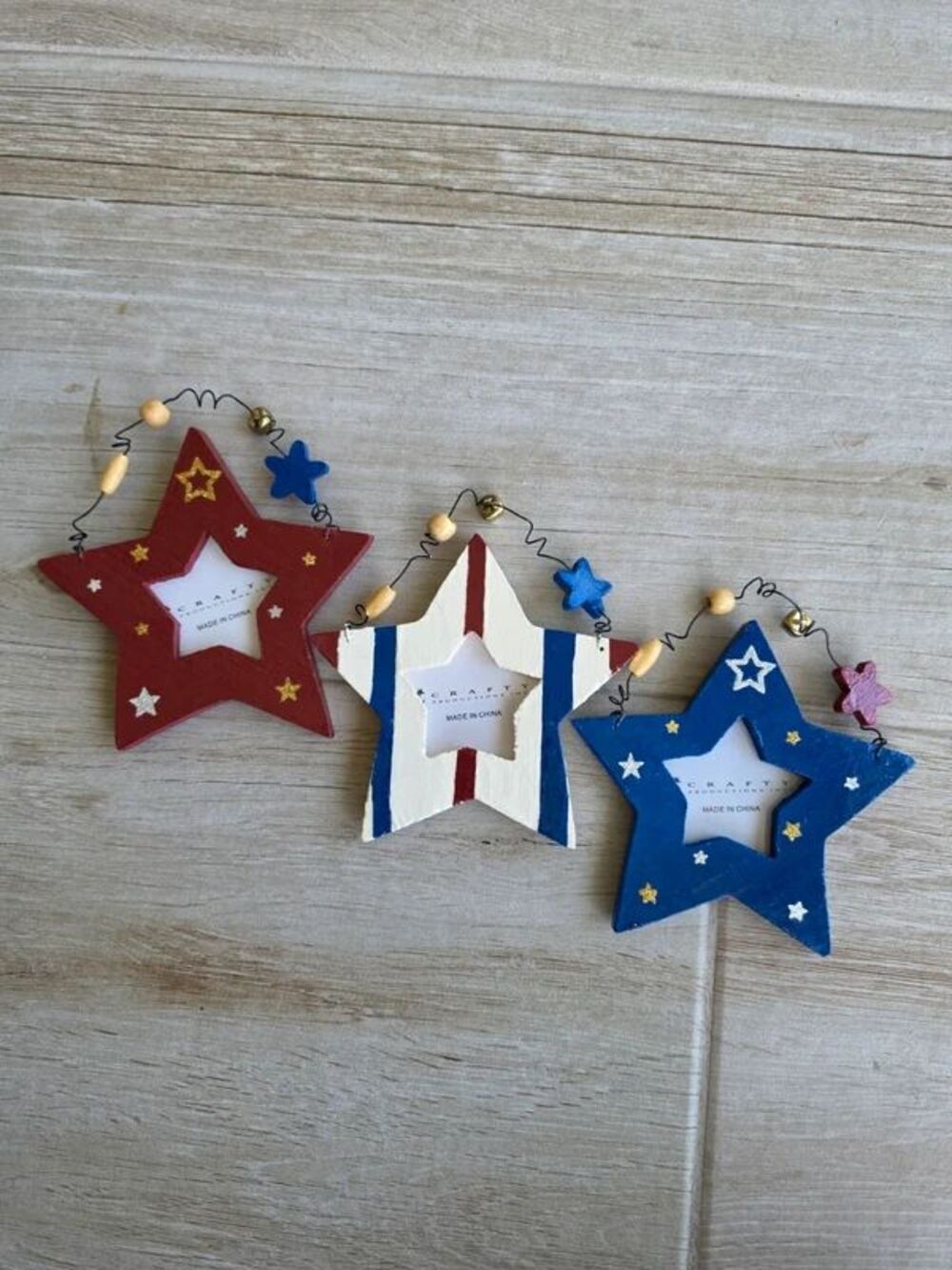 Set of 3 Hand Painted Wooden Patriotic Americana Star Photo Frames